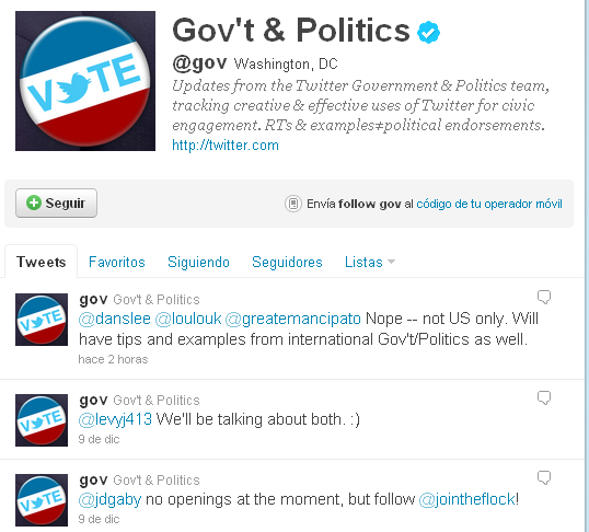Imagen del nuevo canal oficial de Twitter para Gobierno y política. @gov